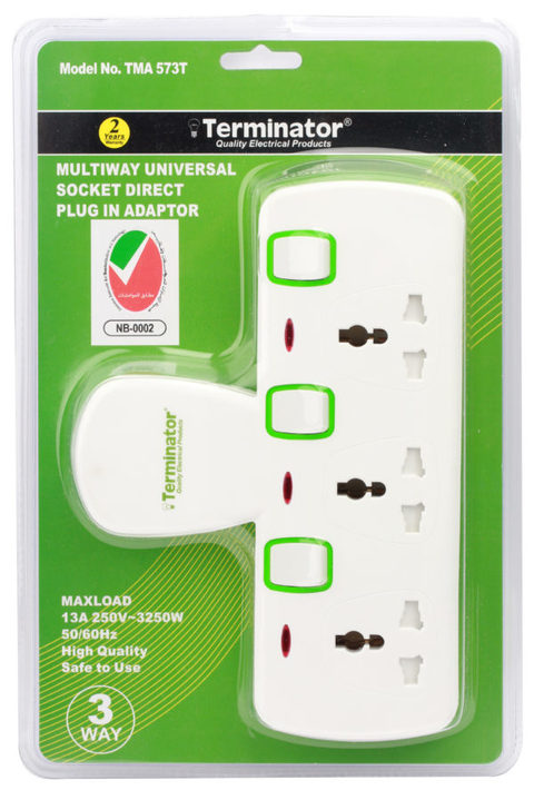 Terminator Terminator 3 way T-socket Multi-way adaptor with Individual Switches & Indicators. 
(DCL and ESMA Approved) - Alibhai Shariff Direct