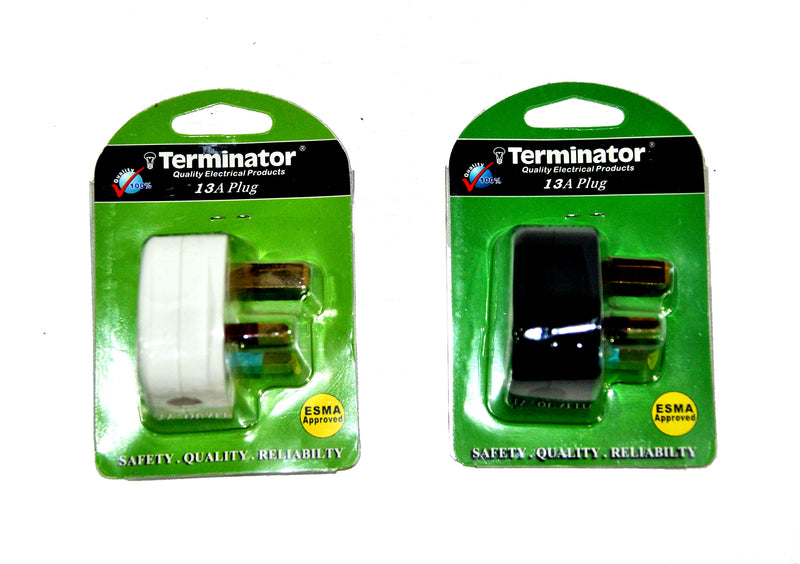 Terminator 13A top plug with,safety mark.(Black & White)
Available in Blister & Non Blister 
ESMA Approved - Alibhai Shariff Direct