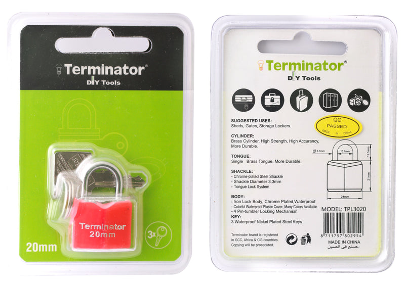 Terminator Pad lock with sealed blister packing.
20mm/25mm/30mm 
Available in Blue, Green & Red colors - Alibhai Shariff Direct